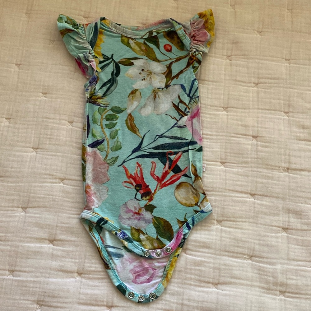 Posh Peanut Short-Sleeve Ruffled Bodysuit Turquoise Floral